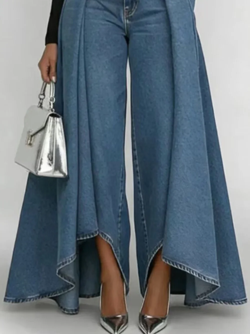 New Large Long Swing Solid Color Casual Imitation Denim Printed Straight Leg Pan
